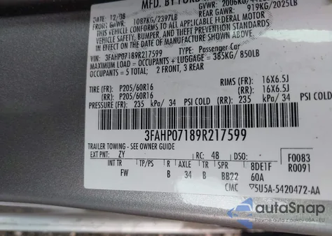 2009 Ford Fusion Se from USA, damaged, VIN 3FAHP07189R217599